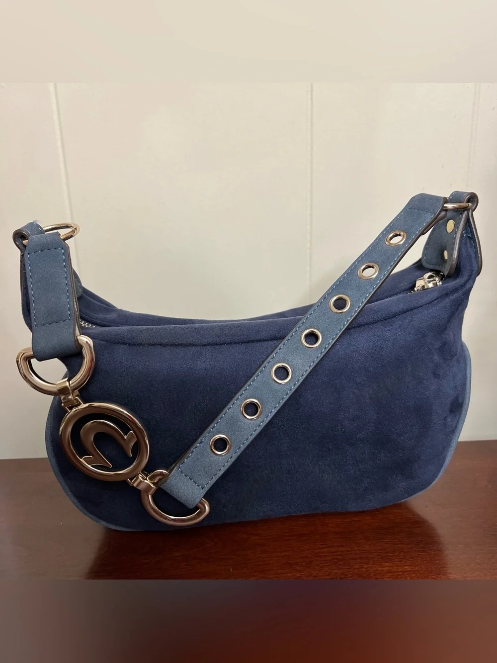 True Religion blue Suede Shoulder Bag with Gold Accent